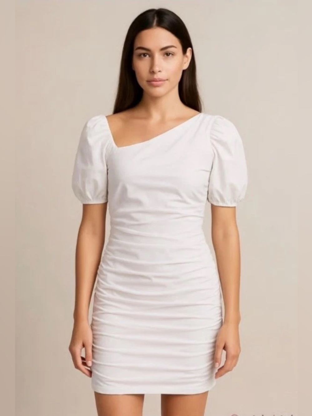 Anthropologie Maeve Slim Puff-Sleeve Ruched Bodycon White Mini Dress